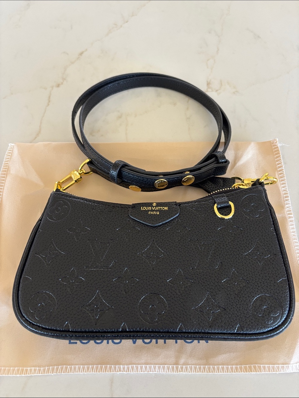 Black Embossed Monogram Crossbody Pochette with Gold Hardware